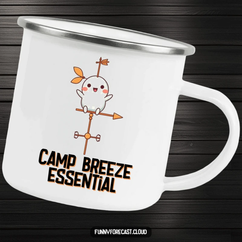Funny weather vane character cheerfully spinning in a gentle breeze on a camping mug, for outdoor fun.