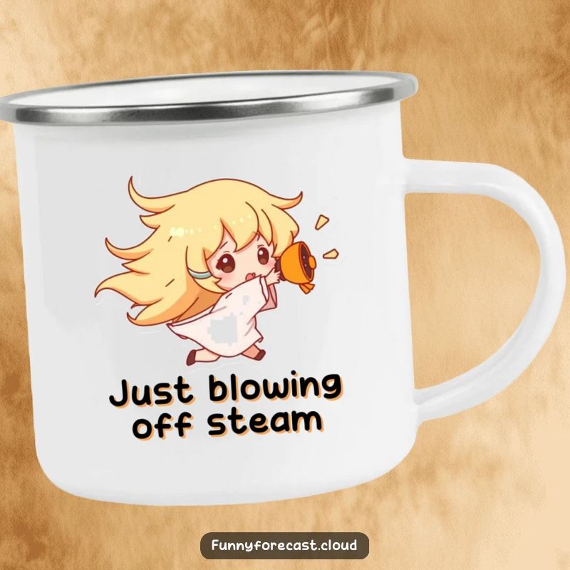Funny Wind Gust Camping Mug with a character being blown away by wind, a humorous and durable mug for outdoor enthusiasts.