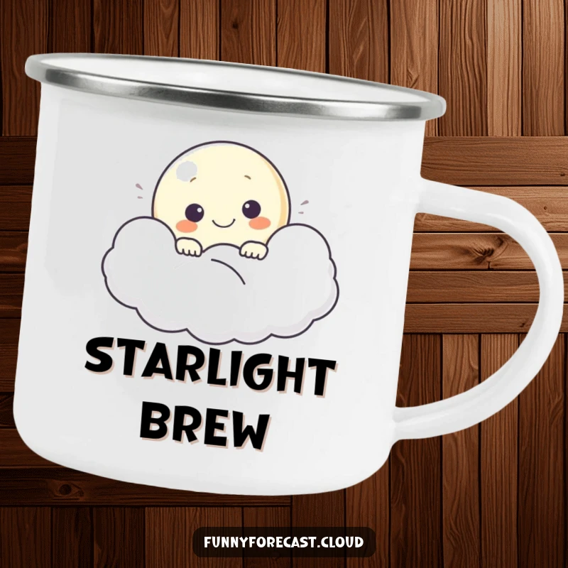 Funny enamel camping mug featuring a smiling moon peeking from a cloud, perfect for enjoying nature.