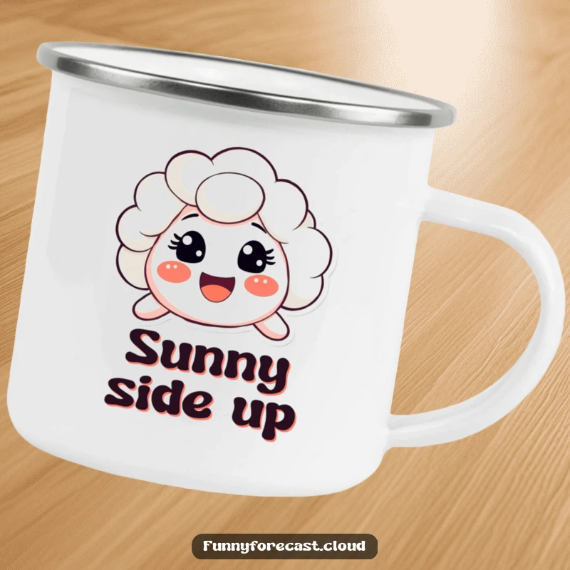 Funny camping mug with a cloud character sporting a very big, surprised, happy smile. Cheerful outdoor gear.