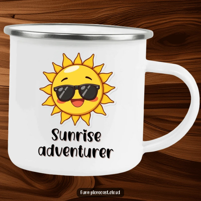 Funny camping mug with a sun character wearing sunglasses and beaming with exaggerated joy, perfect for enjoying drinks outdoors with cheer.