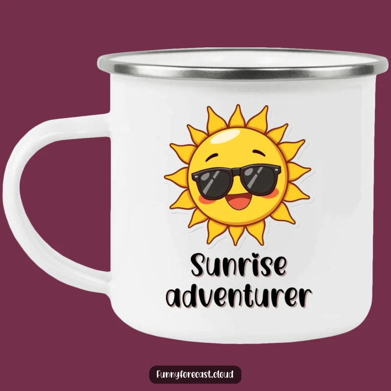 Enjoy your outdoor adventures with this funny camping mug, featuring a beaming sun character in sunglasses. Perfect for the cheerful outdoorsman.