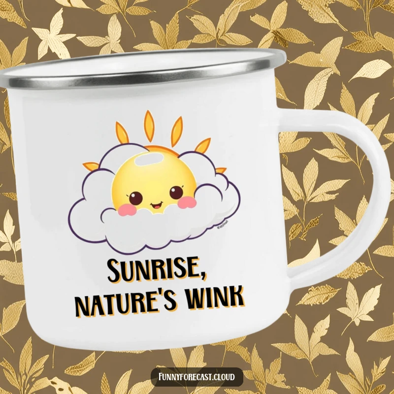 Funny kawaii sun peeking from behind a giggling wind cloud, a humorous camping mug design.