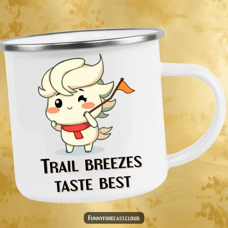 Funny enamel camping mug featuring a wind character with puffed cheeks merrily blowing a flag, great for outdoor fun and funny gifts.