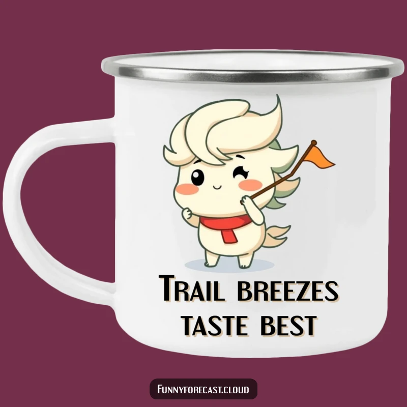 Funny Wind Enamel Camping Mug: Puffed Cheeks, Merrily Blowing Flag Humor Cup