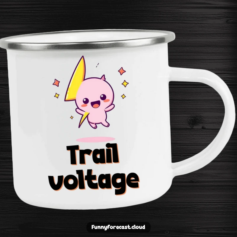 Funny kawaii lightning bolt character zigs and zags with camping excitement on this durable mug, a great funny gift.