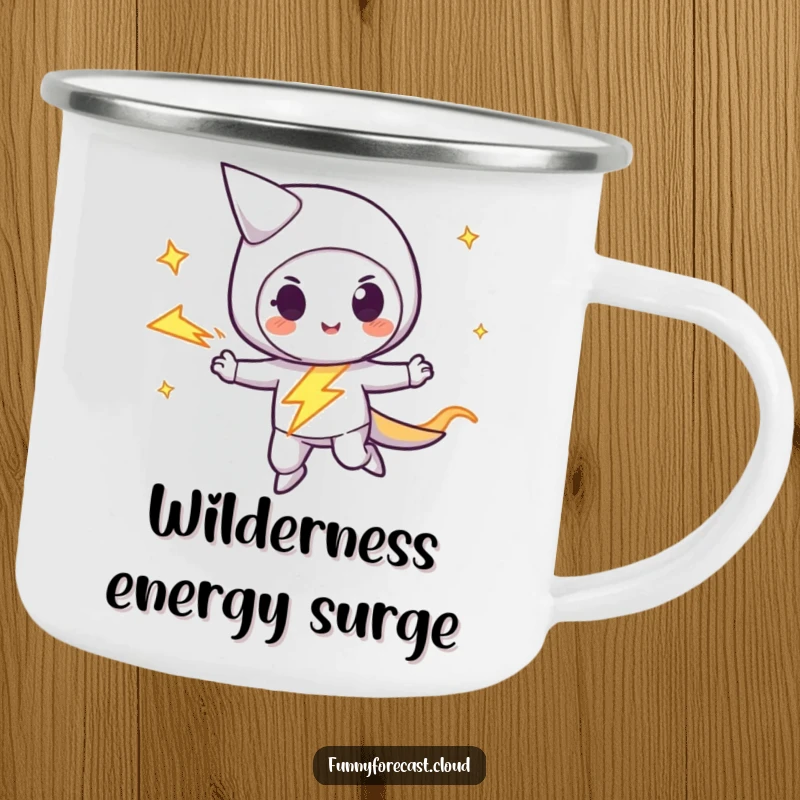 Funny lightning bolt character zipping with a playful streak, a rugged and humorous camping mug for outdoor enthusiasts.