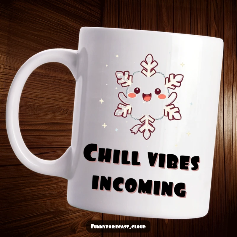 Funny kawaii snowflake character joyfully twirling as it gracefully falls, captured on a mug.
