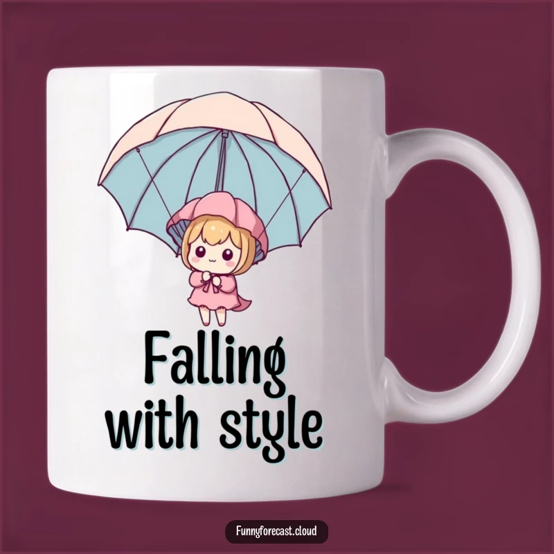 Add a dose of humor to your morning with this funny kawaii character mug. Watch as a cute figure uses an umbrella as a makeshift parachute – a perfect conversation starter!