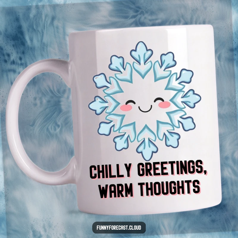 Funny mug: A happy, smiling snowflake gently falling, bringing a touch of whimsical winter cheer.