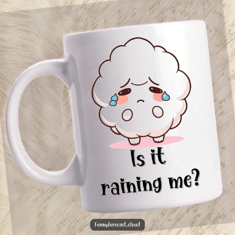 Funny mug with a cute cloud character sweating heavily and looking utterly confused, symbolizing relatable stress and adorable bewilderment.