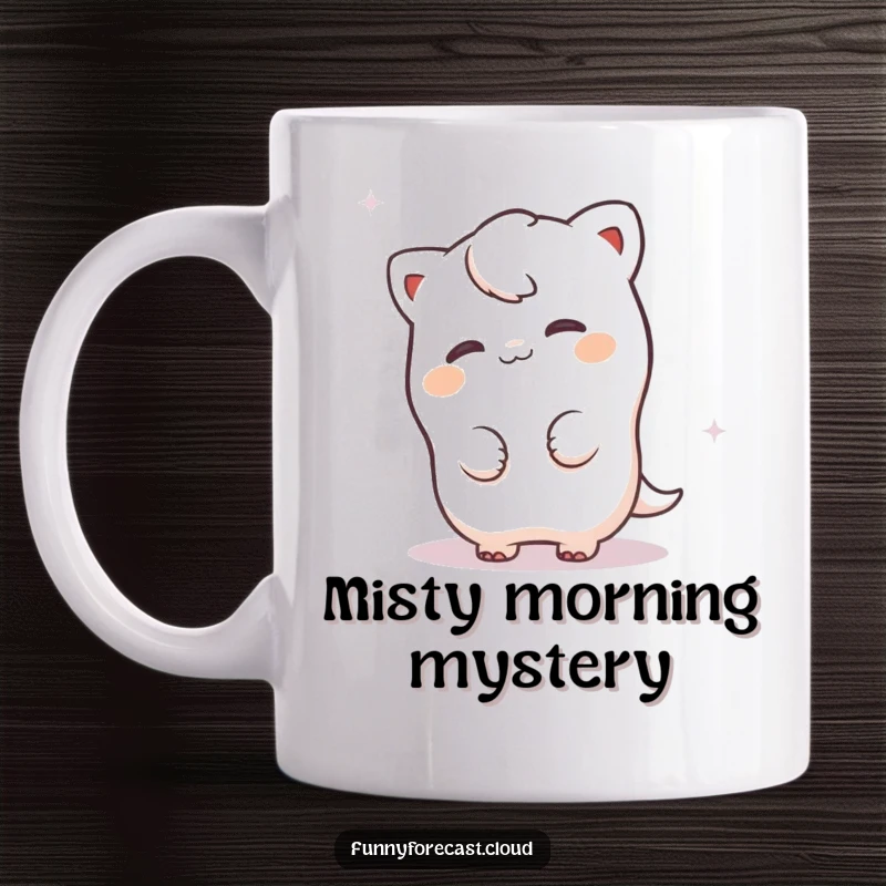 Funny fog character playfully peeking from behind a misty swirl, creating a soft and humorous design for a mug.
