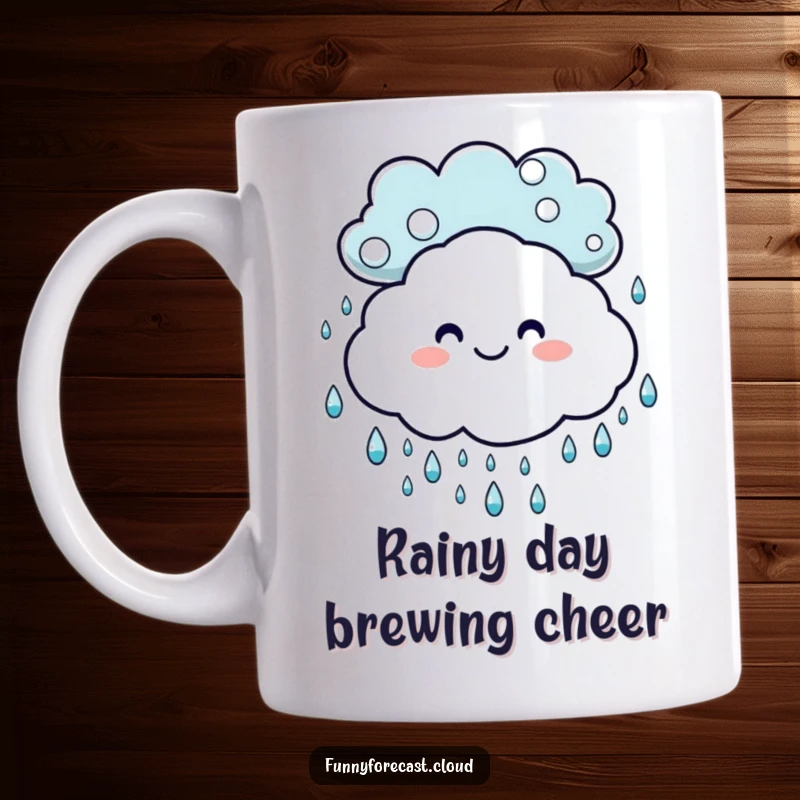 Funny mug: A smiling cloud surrounded by happy, dancing raindrops, celebrating a cheerful rainy day.