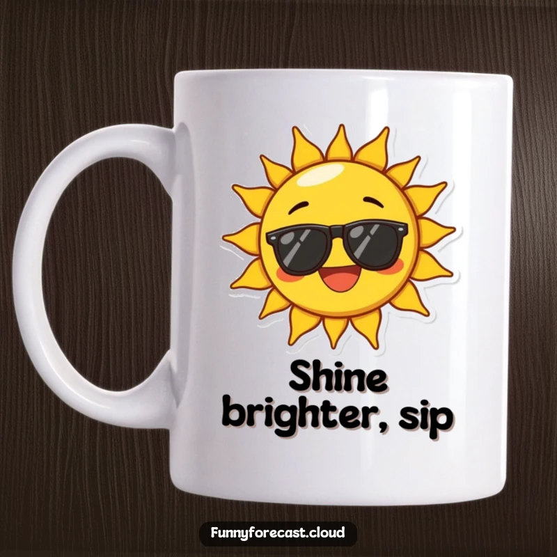 Funny mug with a sun character wearing sunglasses, beaming with exaggerated joy, symbolizing ultimate happiness and sunny optimism.