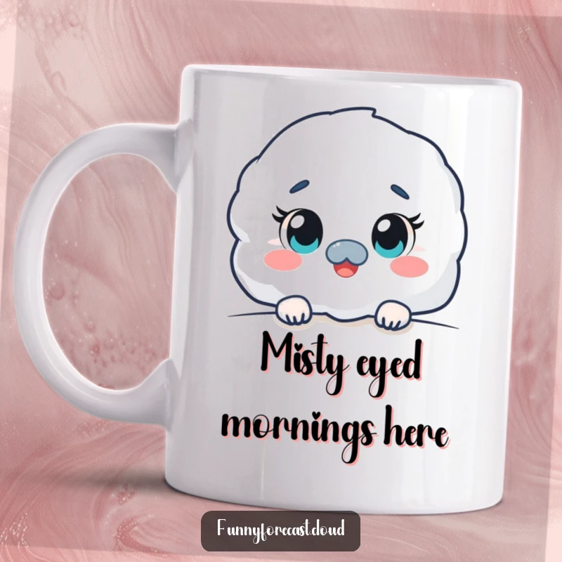 Funny kawaii fog character mug, peeking out with curious, wide eyes, mysterious and adorable design for humor.
