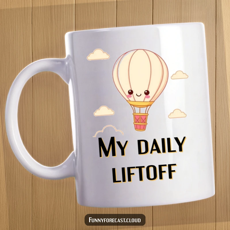 Funny Kawaii Hot Air Balloon Mug featuring a cute character peacefully floating in a vibrant, sunny sky, bringing joy.