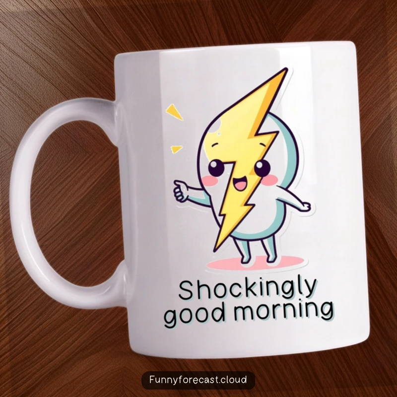 Funny cute lightning bolt character striking a whimsical zig-zag pattern on a mug, representing energy and fun.