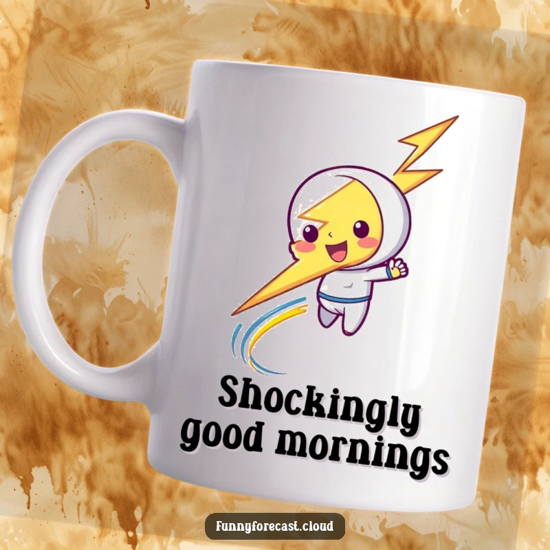 Funny ceramic mug featuring a playful lightning bolt character zipping around with a bright, energetic streak.
