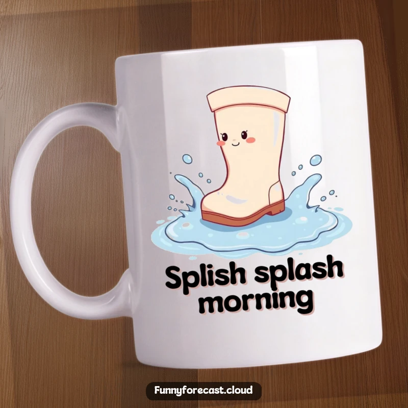 Funny Mug: A cheerful rain boot joyfully splashing in a giant puddle, sending water flying everywhere.