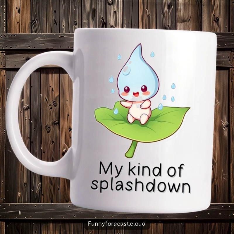 Funny raindrop character joyfully bouncing with glee on a vibrant green leaf, embodying pure, unadulterated happiness.