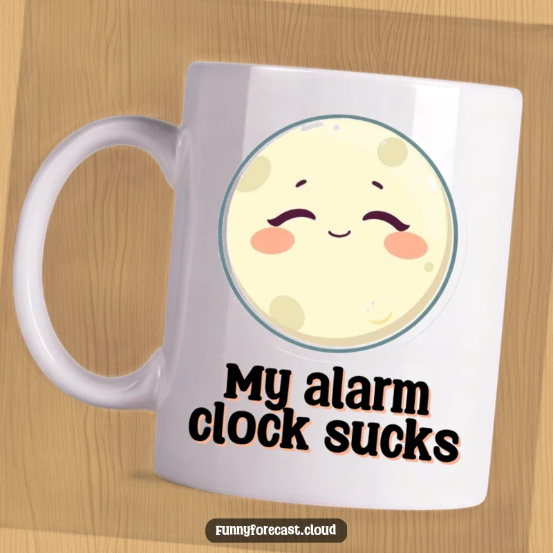 Funny Moon Mug featuring a sleepy, satisfied celestial body with closed eyes and a content smile, perfect for cozy mornings.