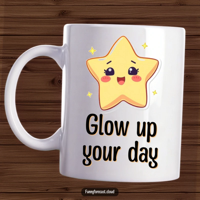 Funny ceramic mug featuring a star character twinkling with an excited sparkle, radiating pure joy.