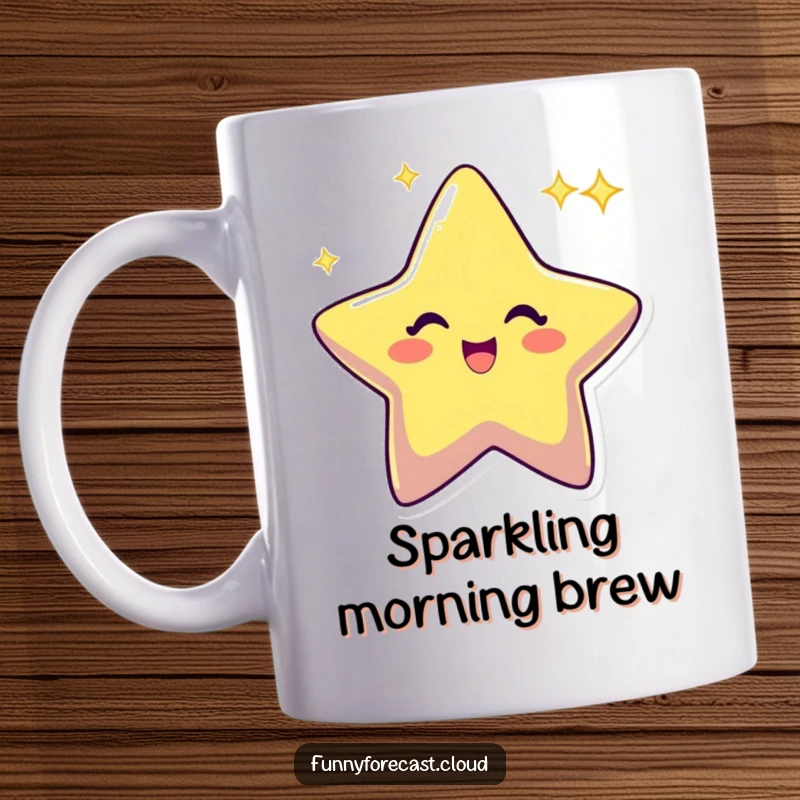 Funny star character twinkling with an excited sparkle, radiating pure joy and energy, perfect for a fun mug.