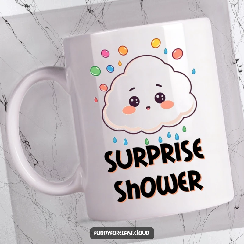 Funny mug with a cute cloud character, surprised expression, juggling colorful raindrops, depicting a whimsical weather moment.