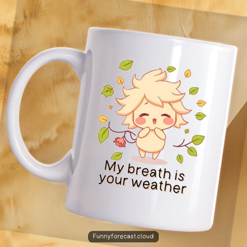 Funny mug showcasing a rosy-cheeked wind character artistically blowing colorful autumn leaves in a playful gust of wind.