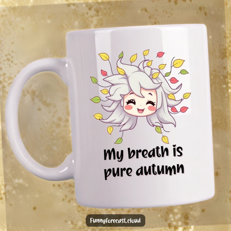 Funny mug with a smiling wind character joyfully blowing a cascade of swirling autumn leaves, perfect for a gift.