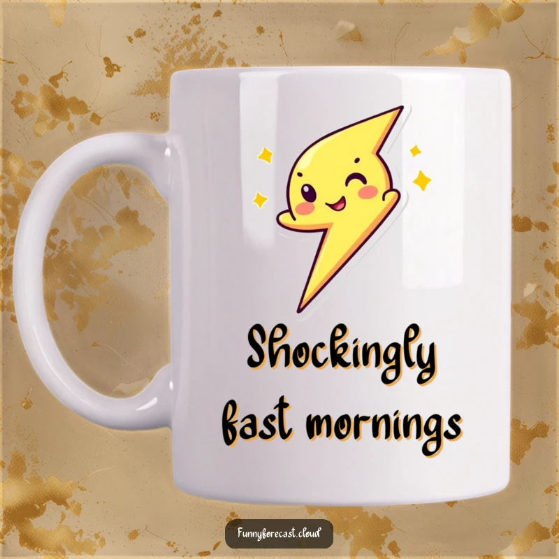 Funny mug with a cartoon lightning bolt character zipping by with a mischievous wink, conveying speed and playful energy.