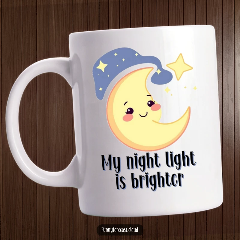 Funny crescent moon mug, cheerfully winking at a sparkling starry sky, perfect for celestial lovers and a great funny gift.