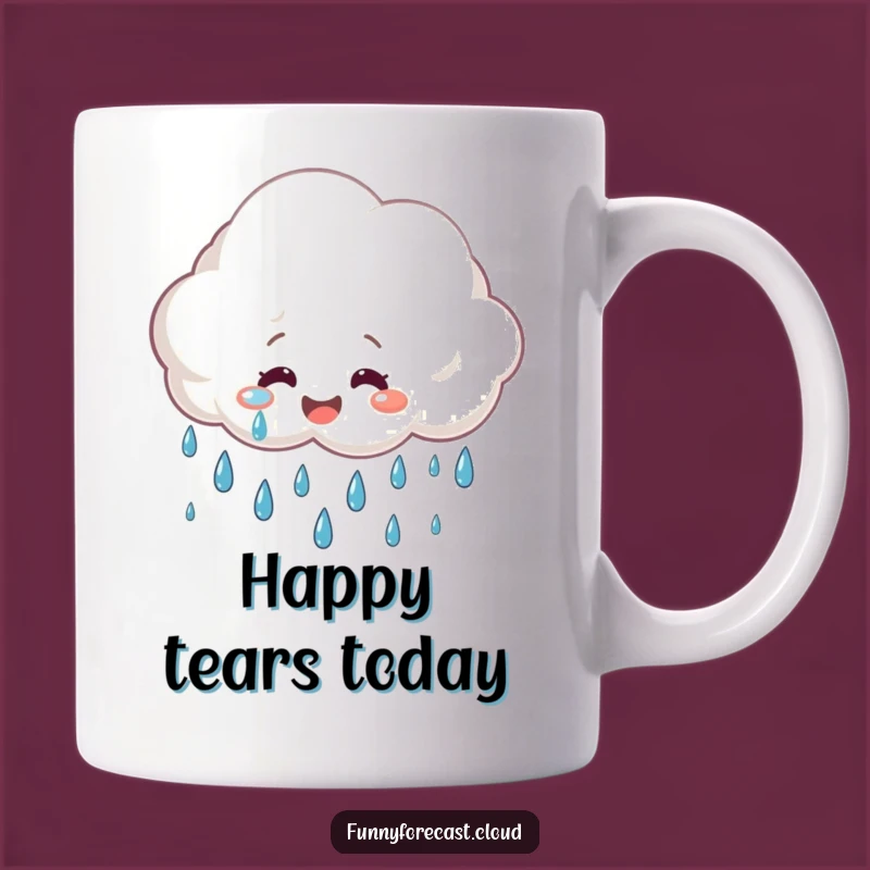 This mug features a smiling rain cloud crying big, cheerful raindrops. Perfect for brightening even the gloomiest days with a smile.