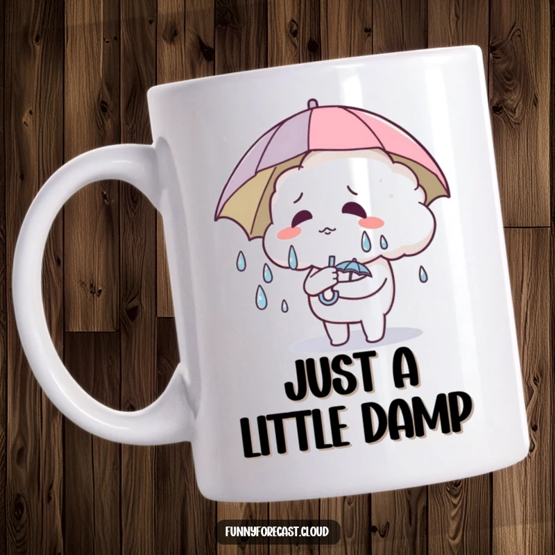 Funny Mug: A cute cloud character sweating profusely while holding a comically small umbrella, showing effort.
