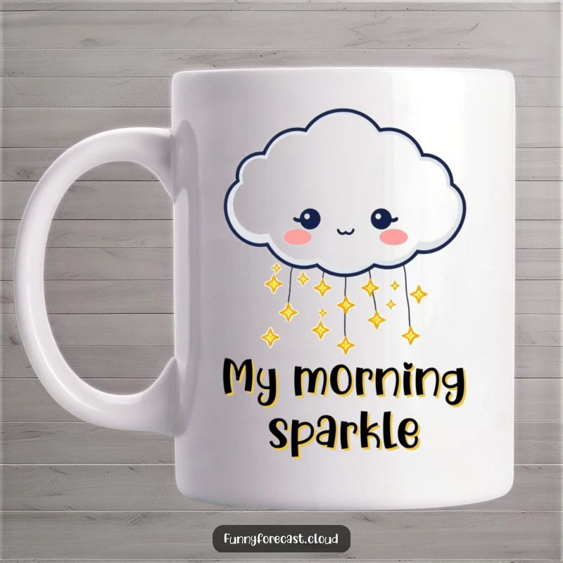 Funny mug showing a rain cloud character pouring tiny, glittering stars instead of raindrops. Magical weather.