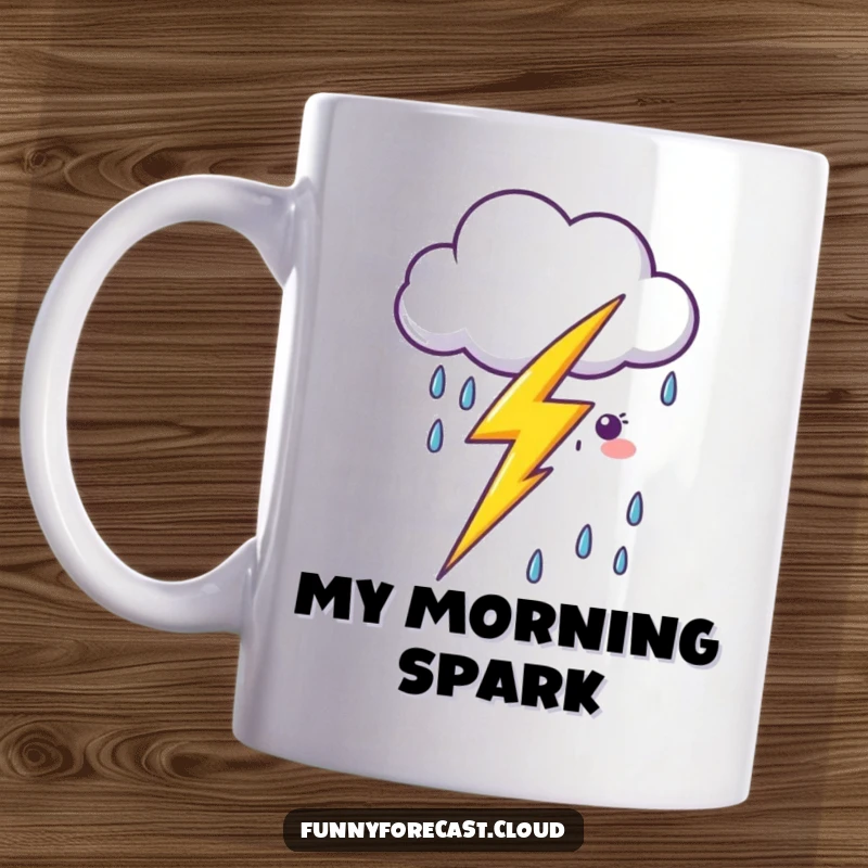 Funny kawaii lightning bolt zapping near a smiling cartoon rain cloud, perfect for coffee lovers.