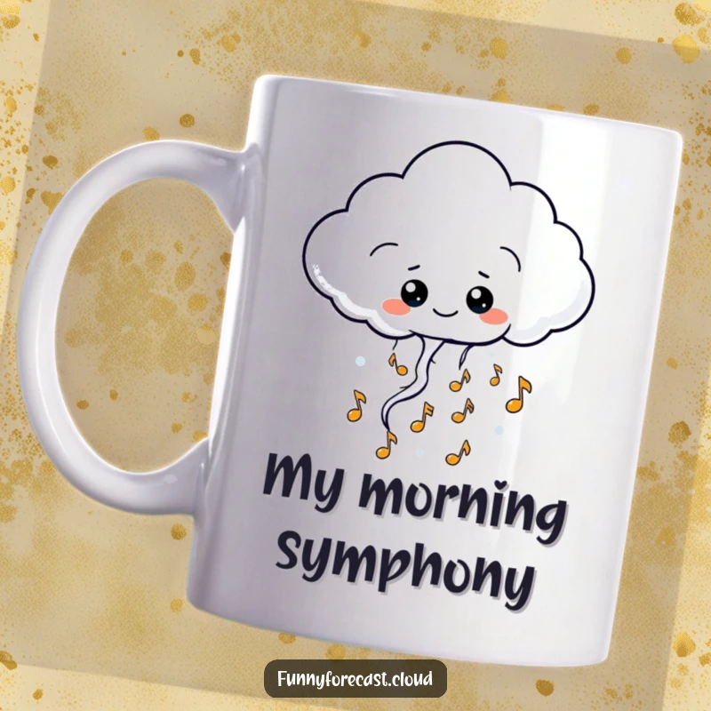 Funny kawaii thundercloud mug, releasing tiny, happy musical notes, cheerful and melodic design, perfect for music lovers.
