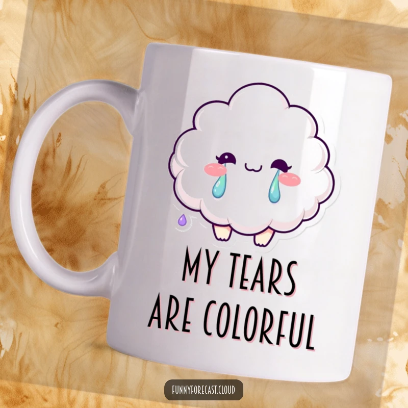 Funny mug with a smiling fluffy cloud character crying vibrant rainbow tears, symbolizing happy sadness, a perfect gift.