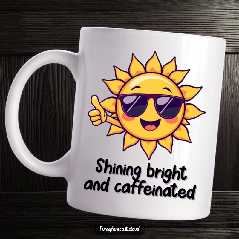 Funny mug featuring a smiling sun character wearing sunglasses and giving a thumbs-up, radiating positive vibes and happiness.