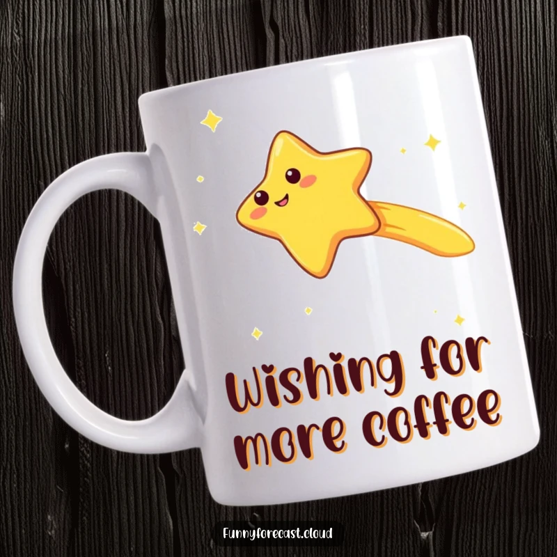Funny kawaii shooting star mug, zooming across the sky with a trailing giggle, whimsical and humorous design.