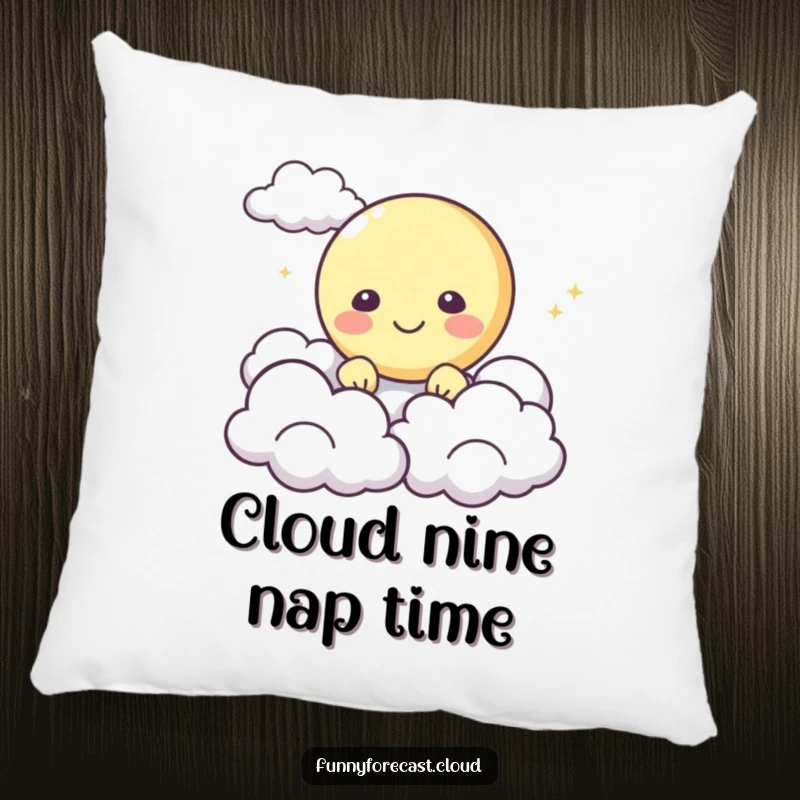 Funny Pillow: A happy moon character peeking from behind fluffy clouds, providing cozy celestial comfort.
