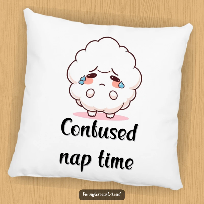 Funny pillow depicting a cute cloud character sweating heavily and looking confused, offering comfort and relatable, humorous amusement.