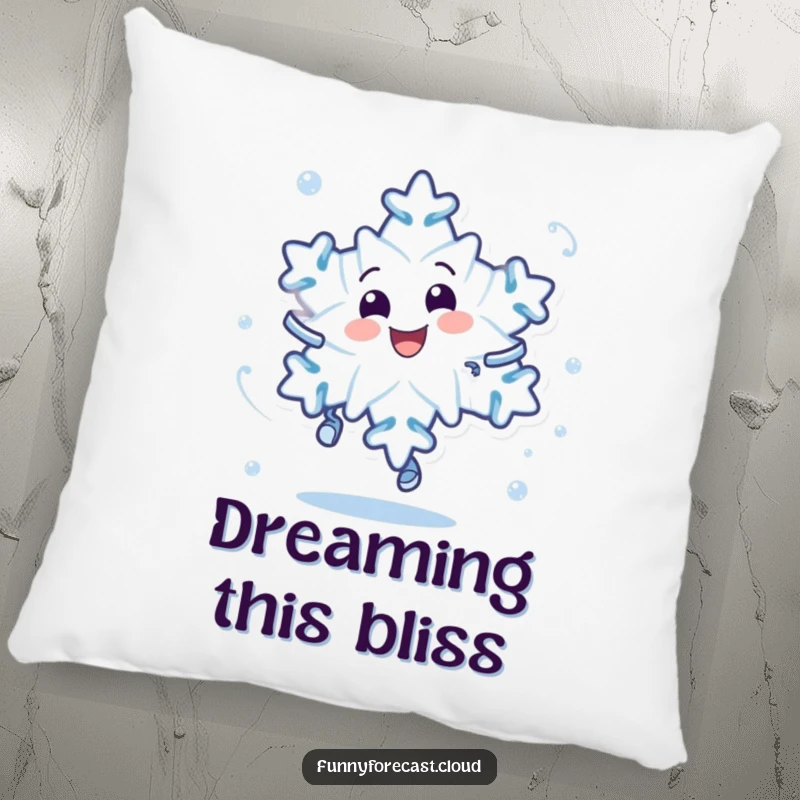 Funny pillow featuring a delighted snowflake character in a dizzying spin, adding comfort and a humorous touch to any room.