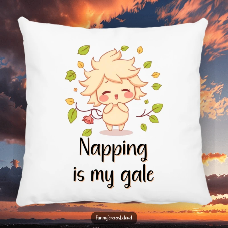 Funny pillow with a cute, rosy-cheeked wind character playfully scattering autumn leaves, adding a touch of whimsical decor.