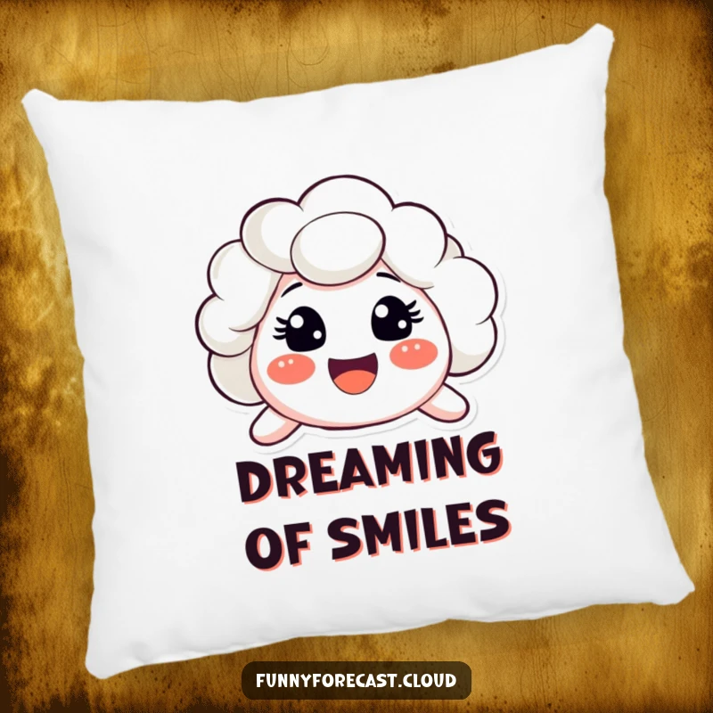 Soft, funny pillow featuring a cloud character with a very big, surprised, happy smile. Comfortable cheer.