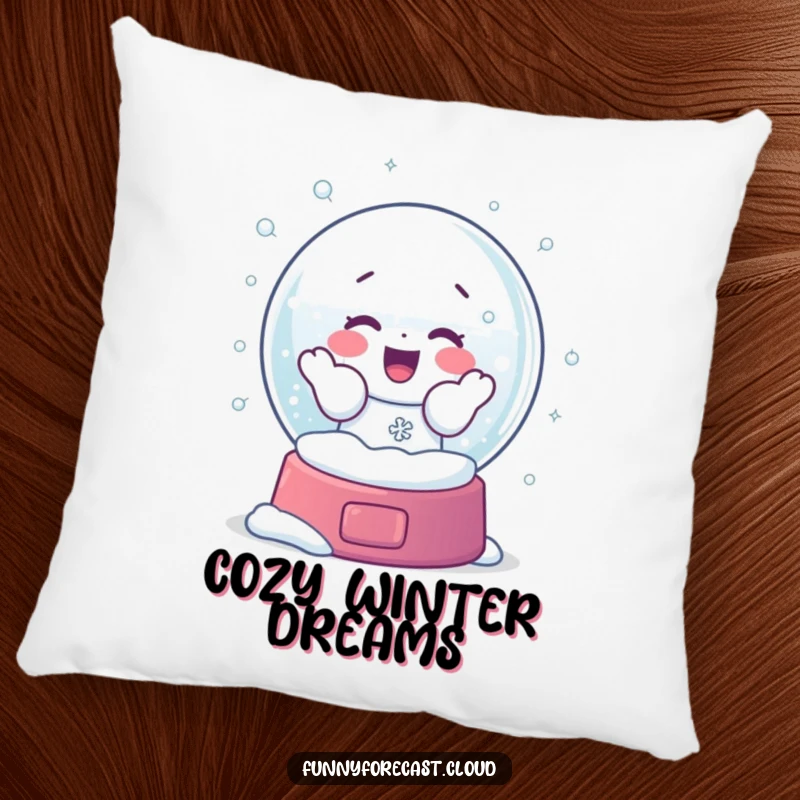 Funny pillow with a snow globe character joyfully shaking, creating a flurry of snowflakes for a whimsical and cozy feel.
