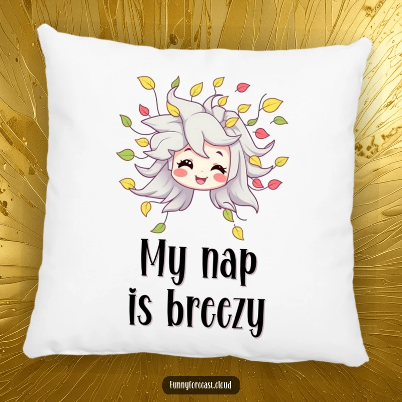 Funny pillow with a smiling wind character generating a gentle, playful swirl of colorful leaves, offering comfort and charm.