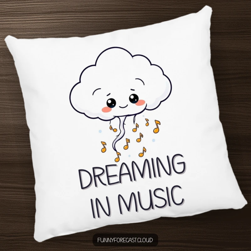 Funny kawaii thundercloud character pillow, releasing happy musical notes, soft, comforting, and humorous decor.