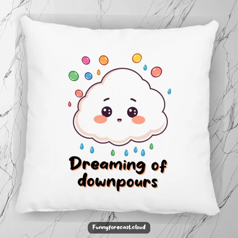 Funny pillow with a cute cloud character, surprised expression, juggling colorful raindrops, offering comfort and whimsical appeal.