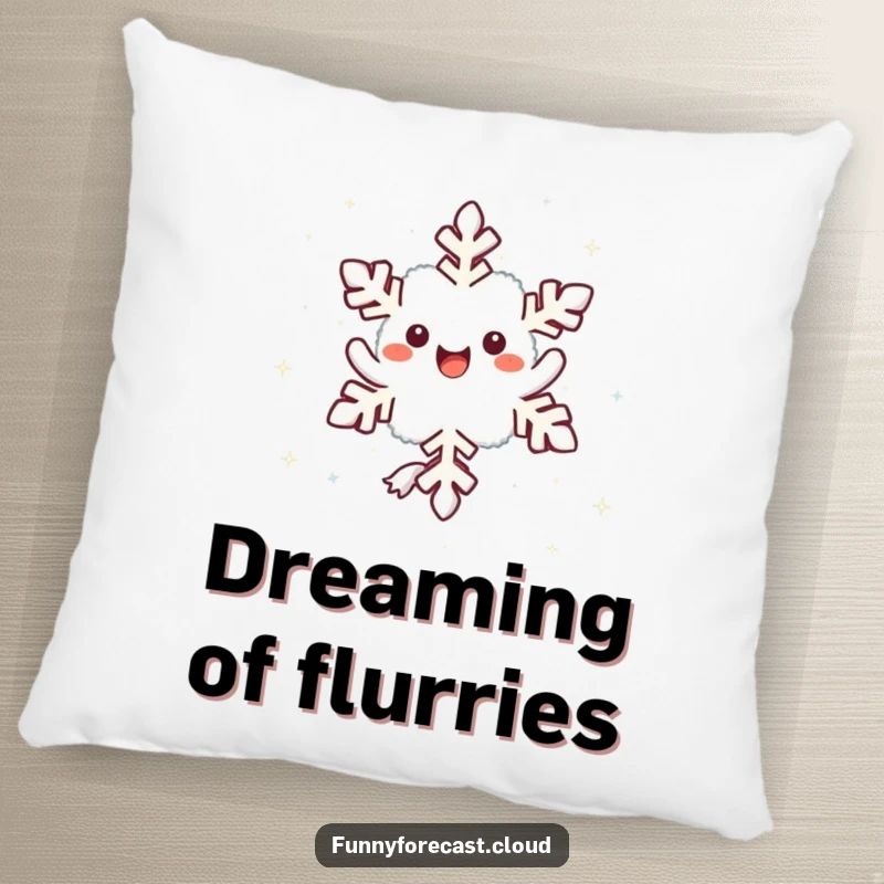 Funny kawaii snowflake character twirling joyfully, a soft and humorous pillow design.